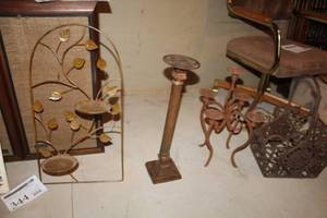 lot 336 image: Lot of (4) Metal Home Dcor - Candleholders (x3), Basket (x1)