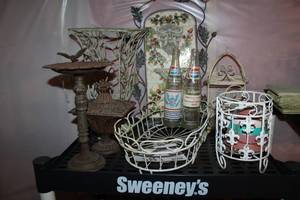 lot 381 image: Home Dcor and Collectibles - Bird Bath, Metal Baskets, Pepsi Glass Pop Bottles