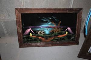 lot 357 image: Ocean Scape by MK Signed Wood Framed Velvet Artwork 23Wx14H