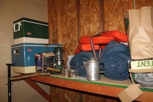 lot 436 image: Camping Accessories - Tent, Lantern, Coleman Ice Chest Coolers (x2), Sleeping Bags (x2), Life Jackets (x2), HatchetShovel, Coffee Pots