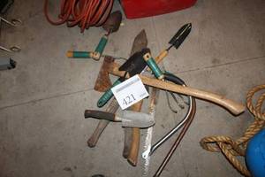 lot 421 image: Lawn and Garden Hand Tools - Axe, Hedge Trimmer, Hand Shovels, Misc. Garden Tools