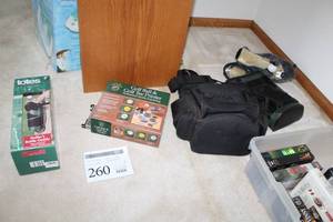 lot 260 image: Lot of (6) Golf Accessories - Bottle Caddy, Golf Ball and Golf Tee Printer, Golf Swing Speed Trainer, Bags, Club Covers