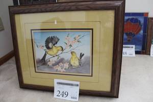 lot 249 image: Two Yellow Birds by D. Smith Signed Matted Framed Artwork 23Wx19H