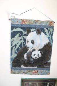 lot 251 image: Mom Panda Bear Holding Her Cub by Laura Regan Tapestry Artwork 26Wx35H