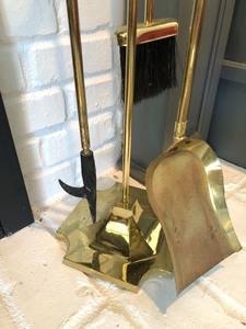 lot 37 image: Set of Vintage Brass Fireplace Tools wStand