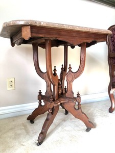 lot 52 image: Ornate Antique Eastlake Style Side Table wGraniteMarble Top