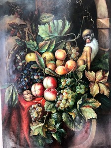 lot 54 image: Large Signed Original Oil on Canvas Still Life Fruit Painting wMonkey