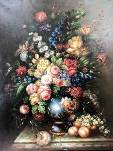 lot 55 image: LARGE Signed Original Oil on Canvas Still Life Floral Painting