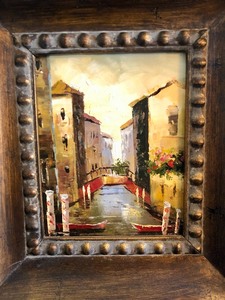 lot 63 image: Deep Framed Oil on Canvas Venetian Canal Scene Painting