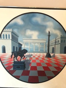 lot 69 image: Large Vintage Mid Century Surrealist Oil on Canvas Painting - Vacant Pizza