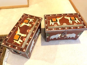 lot 76 image: Matching Pair of Hand Painted Elephant Motif Storage Chests
