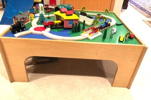 lot 6 image: Kids Train Layout Play-Table with Toy Trains etc