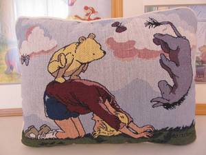 lot 96 image: 4 Framed WINNIE THE POOH Prints & Throw Pillow
