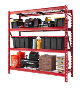 lot 32 image: HUSKY Red 4-Tier Heavy Duty Industrial Welded Steel Garage Shelving Unit (77 in. W x 78 in. H x 24 in. D)