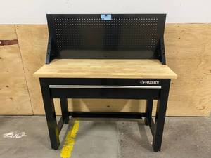 lot 33 image: HUSKY 4 ft. Solid Wood Top Workbench with Pegboard Storage
