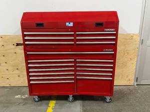 lot 47 image: HUSKY 61 in. W 18-Drawer Combination Tool Chest and Rolling Cabinet Set in Gloss Red (scratch and dent)