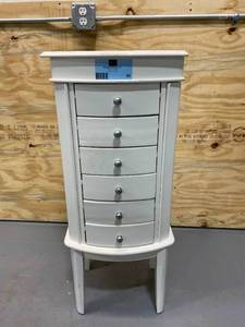 lot 46 image: STYLEWELL 6 Drawer White Wood Jewelry Armoire with Curved Detail (17 in W. X 40 in H.) (damaged)