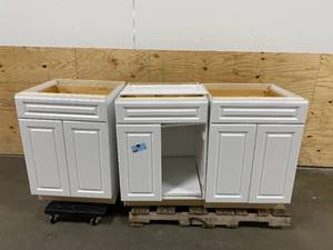 lot 93 image: HAMPTON BAY Lot of 3-  Designer Series Elgin Assembled 24x34.5x23.75 in. Base Kitchen Cabinets in White