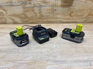 lot 98 image: RYOBI Lot of 2-  18v Batteries (4.0Ah) with an 18v Charger