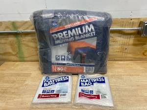 lot 114 image: PRATT RETAIL SPECIALTIES 80 in. L x 144 in. W Extra-Large Premium Moving Blanket with 2- 100 in. x 78 in. x 14 in. Queen and King Mattress Bags