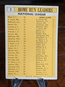 lot 61 image: 1963 62 NL Batting Leaders Card, Hank Aaron, Willie Mays, Ernie Banks, Frank Robinson, Orlando Cepeda