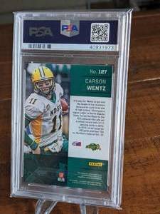 lot 88 image: 2016 Panini Prizm Draft Picks Carson Wentz #127 Rookie Card PSA 9 Mint
