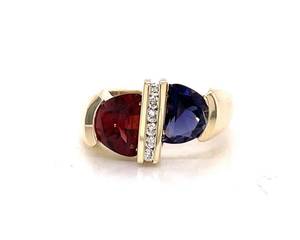 Trendy Side-by-Side Garnet, Iolite, and Diamond Custom Estate Ring in 14k Yellow Gold $3450 Retail