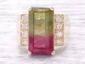 VIDEO 8 Carat Bi-Color Natural Tourmaline and Diamond Estate Ring in 14k Yellow Gold $6200 Retail