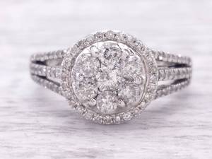 1.30 Carat Diamond Cluster Halo Estate Ring in 14k White Gold $3,850 Retail