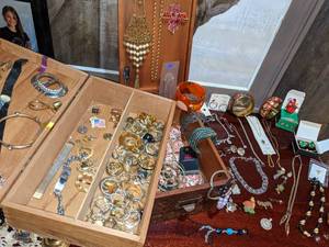 Variety of Vintage & Costume Jewelry in Wood Box