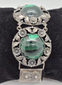 Vintage Niels Erik From Malachite and Sterling Floral Design Bracelet (Denmark)