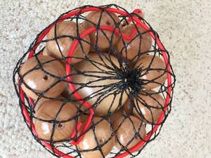 lot 230 image: Set of 9 Wooden Bowling Pins & Two Balls