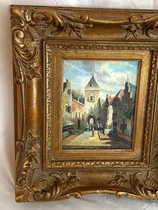 lot 9 image: Framed Oil on Wood- Flemish Village by Vernon