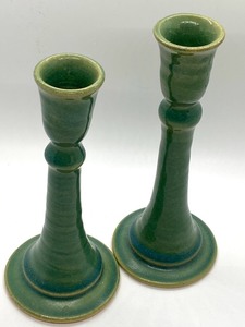 lot 61 image: Pair of Pottery Candlestick Holders and Covered Fish Motif Dish