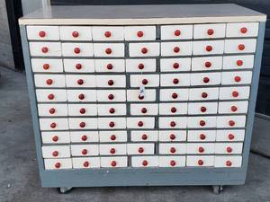 lot 25 image: Rolling Storage Bin Cabinet with Contents