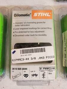 lot 177 image: Brand New (4) Stihl Chainsaw Blades and Chainsaw Sharpener