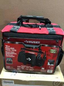 18 in. Zipper Top Rolling Weather Resistant Tool Tote Bag in Red with 18 total pockets and heavy-duty telescoping handle by Husky Customer Returns Open Box See Pictures