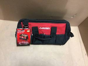 18 in. Wide Mouth Water Resistant Metal Hardware Dual-Zipper Tool Storage Bag with Shoulder Strap and 14 total pockets by Husky&nbsp&nbspCustomer Returns Open Box See Pictures