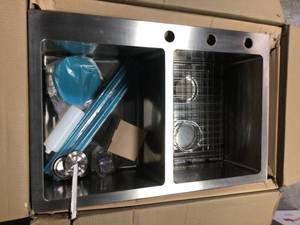 FRANKE Drop-in Top Mount 16-Gauge Stainless Steel 33 in. x 22 in. x 10 in. 5050 Double Bowl Kitchen Sink Combo not used see pictures