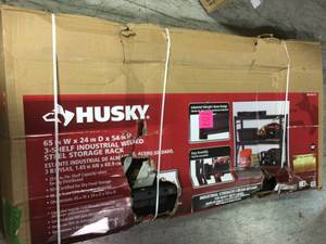 Husky Black 3-Tier Heavy Duty Industrial Welded Steel Garage Shelving Unit (65 in. W x 54 in. H x 24 in. D) not used see pictures