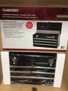 20 in. 3-Drawer Small Metal Portable Tool Box with Drawers and Tray by Husky&nbsp&nbspCustomer Returns Open Box See pictures