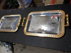 Set of 2 Silver Trays with Gold Tri...