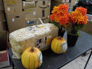Straw Bale, Pumpkins and fall Flowe...