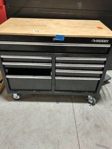 HUSKY 46 in. W 9-Drawer, Deep Tool Chest Mobile Workbench in Gloss Black with Hardwood Top