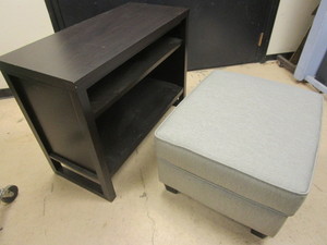MEDIA SHELF UNIT, UPHOLSTERED OTTOMAN