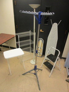 FLOOR LAMP, IRONING BOARDS, WIRE SHELF UNIT, STEPSTOOL, TV TRAY, CLOTHES DRYING  RACK