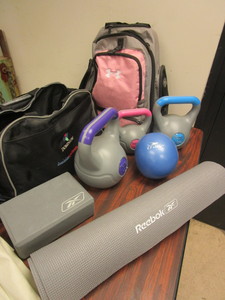 TONE FITNESS KETTLE WEIGHTS, REEBOK YOGA MAT, CRANE MEDICINE BALL, UNDER ARMOUR BACKPACK, MORE