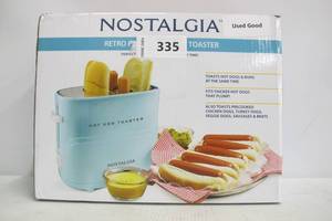 lot 335 image: Nostalgia Retro Series 2-Slice Aqua Long Slot Hot Dog and Bun Toaster with Crumb Tray and Mini Tongs