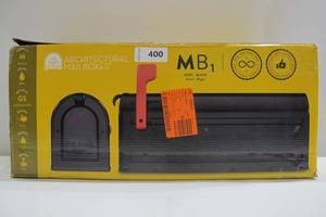 lot 400 image: Architectural Mailboxes MB1 Post Mount Mailbox Black with Red Flag