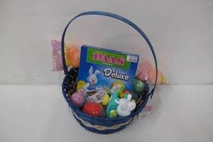 lot 912 image: Blue Wicker Easter Basket Set with Refillable Eggs, Toys and Egg Decorating Kit - NEW